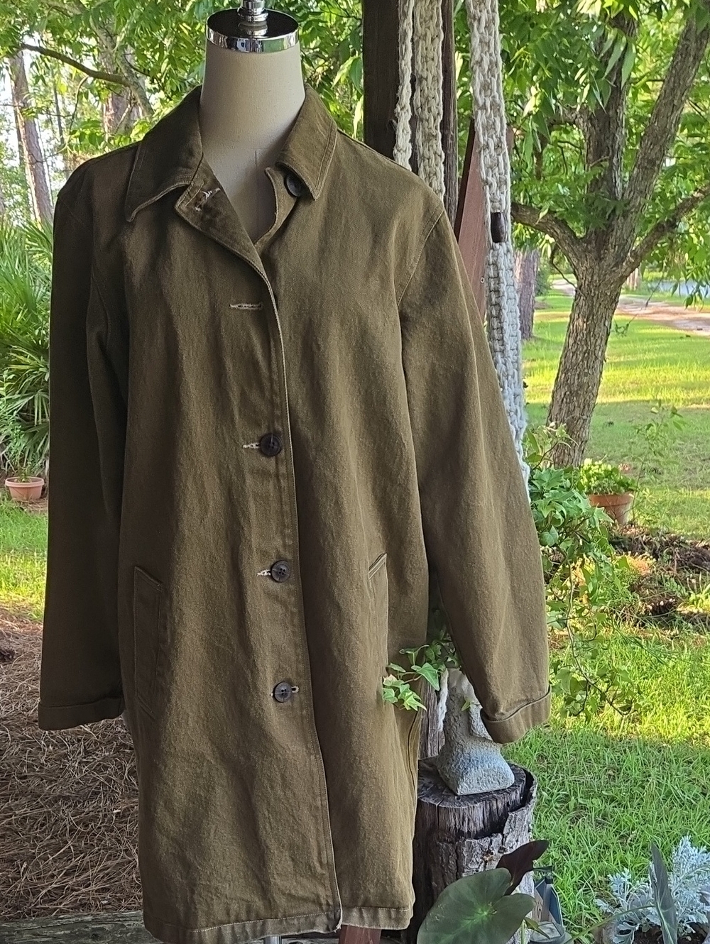 Denim & Co. Olive Green Long Line Denim Jacket Barn Coat Chore Jacket Size M